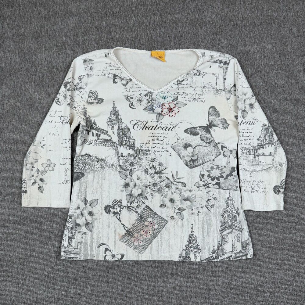 Katina Marie Shirt Top Women's‎ Small White Embellished 3/4 Sleeve Chateau Y2K